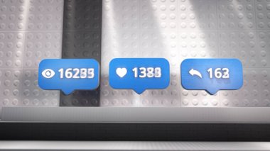 Beğenileri ve yorumları olan renk sayaçları. Animasyon. Sosyal ağlarda hızla artan tepki sayısına sahip simgeler. İnternetteki viral videolar beğeni ve repost sayesinde popüler hale geliyor