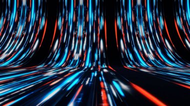 Neon akıntıları siyah zemin üzerinde eğri yörünge boyunca ilerler. Animasyon. Siber uzayda yarışmak için hareket eden neon hatları olan parlak izler. Bilgisayar yarışları için vurgun izleri