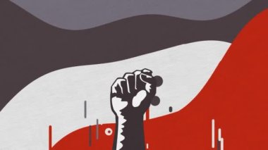 Yumruk yükseliyor. Animasyon. Sosyal hareketin yükselişi için motivasyon sloganı. Çok renkli sallanan bayrağın arka planında yumruklar yükselir