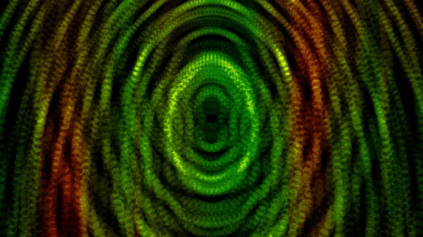 Abstraktní tečkované zelené, žluté a červené ovály se rozprostírají na černém pozadí. Pohyb. Barevné částice se stávají průhlednými a mizí. — Stock fotografie