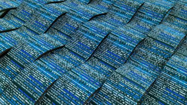 Modern bir çevrimiçi oyun için kod satırları olan gelecekçi bir arkaplan. Animasyon. Değişen ve ilerleyen bilgisayar kodlu 3B geniş mavi çizgiler.