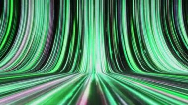 Siber uzayın çizgili, kıvrımlı, yaratıcı dokusu. Animasyon. Parlak uzun yeşil bükme çizgileri olan teknoloji modeli, dijital veri akışı, kusursuz döngü.