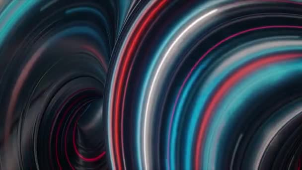 Twisted fluorescent running laser beams on black background, seamless loop. Animation. Colorful bending neon stripes. — Stock Video