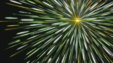 Parlak yıldız renkli çizgiler yayar. Animasyon. Beyaz nokta uzayda parlak ve renkli ışınlar yayar. Işık ve doğrusal ışınlar yayan kozmik nokta