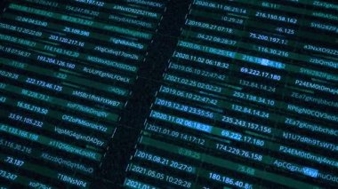 Şifreli veriler ve ağın IP adresleri. Animasyon. Ağ içindeki kullanıcıların kişisel elektronik verileriyle birlikte satırlar. Veritabanı oluşturulan parolalar ve IP adresleri