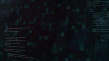 Veri ağı ve satır kodlarıyla dijital siber uzay fütüristik arka planı. Hareket. Teknoloji ve yapay zeka soyut arka plan, kusursuz döngü.