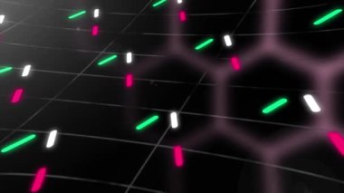 Altıgenlerin soyut ızgarası ve siyah arka planda hareket eden genler. Hareket. Biyoloji ve biyoteknoloji kavramı.