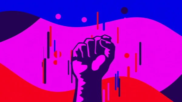 Abstract cartoon animation with a rising fist, concept of success and achievement. Animation. Male fist on geometric background with waves, dots, and lines.