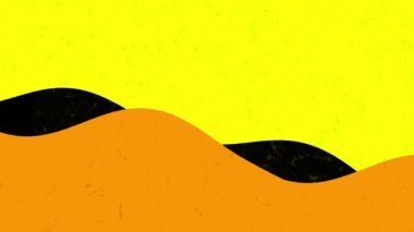 Sarı zemin üzerinde siyah ve turuncu dalgalar, toz parçacıkları, pürüzsüz döngü. Animasyon. Renkli soyut şekilli geometrik desen.