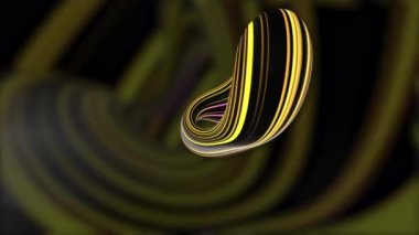 Çizgili sarı ve siyah bir koridorun arka planında dönen üç boyutlu daire. Hareket. Kıvrımlı dinamik düzensiz şekil O harfine benzer, pürüzsüz döngü.