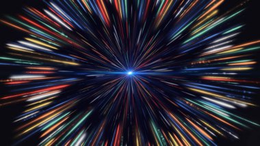 Değişen renkli ışınları olan hipnotik bir nokta. Animasyon. Parlak renkli ışınlar parlayan noktanın etrafında daire çiziyor. Renkli yıldızın etrafında dönen kozmik ışınlarla büyüleyici bir animasyon.