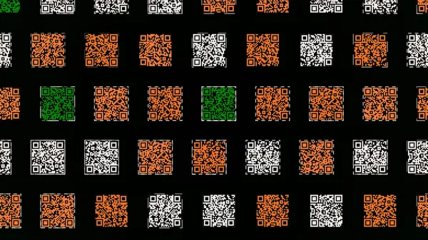 Colorful QR codes on black background. Animation. rows of codes move like a snake. Lot of QR codes move through rows. Matrix barcodes with information about various objects