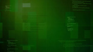 Bilgisayar kodları ışıldayan arka planda yazılır. Hareket. Renkli kareler program kodlarıyla arka planda hızlı hareket ederler. Küçük program kodları titreşen karelerin arka planına yazılır