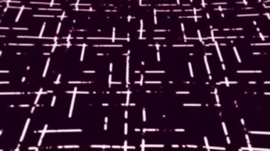 Parlayan dijital çizgiler kareler üzerinde hareket eder. Hareket. Parlayan düz çizgilerin kırık deseni hareket ediyor ve uymuyor. Parlak doğrusal desenli kareler sendeleyerek hareket eder.