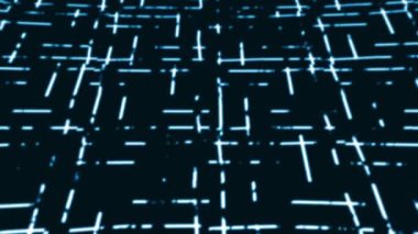 Parlayan dijital çizgiler kareler üzerinde hareket eder. Hareket. Parlayan düz çizgilerin kırık deseni hareket ediyor ve uymuyor. Parlak doğrusal desenli kareler sendeleyerek hareket eder.