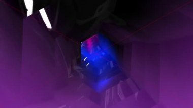 3D renkli tünelin içinde. Hareket. Çok renkli, dolambaçlı tünelden başka bir dünyaya dalarız. Renkli cam duvarları olan dolambaçlı bir tünele düşüyorlar.