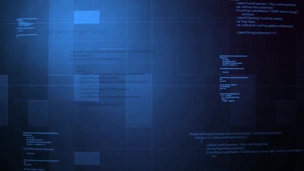 Arrière-plan dynamique en boucle avec des codes de programme. Motion. Beaucoup de codes de programme sont écrits en petits caractères sur fond de carrés. Carrés dynamiques se déplaçant en arrière-plan avec des codes de programme — Video