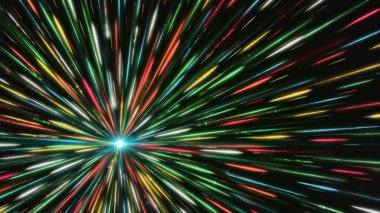 Parlak noktadan doğrular yayılır. Animasyon. Güzel parlak nokta çok renkli ışık huzmeleri yayar. Dış uzayda beyaz yıldızdan renkli ışınlar yayılır