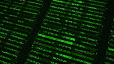 IP adresleri ve şifreler. Animasyon. Veritabanı içindeki ağ kullanıcılarının tüm parolalarının ve adreslerinin oluşturulması. Matrix içindeki parolaları ve adresleri içeren veritabanı