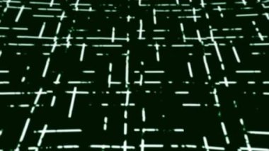 Parlayan dijital çizgiler kareler üzerinde hareket eder. Hareket. Parlayan düz çizgilerin kırık deseni hareket ediyor ve uymuyor. Parlak doğrusal desenli kareler sendeleyerek hareket eder.