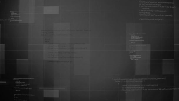 Códigos de computador são escritos em fundo cintilante. Moção. Quadrados coloridos se movem rapidamente em segundo plano com códigos de programa. Pequenos códigos de programa são escritos no fundo de quadrados cintilantes — Vídeo de Stock