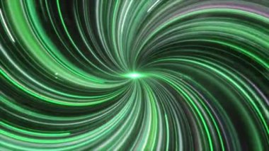 Çok renkli bükme ışınları merkezden her yöne doğru parlar. Animasyon. Koyu bir zemin üzerinde yeşil ve beyaz renkli bir sürü parlak ışık, pürüzsüz bir döngü.