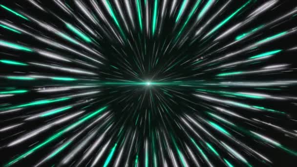 Kręcące się piękne białe i zielone świecące wiązki laserowe wokół źródła światła. Animacja. Zewnętrzna czarna dziura absorbująca energię kosmiczną. — Wideo stockowe