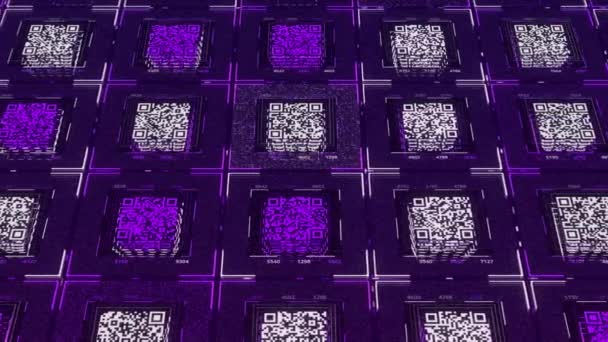 Concept de base de données et de réseau informatique, boucle transparente. Animation. Rangées parallèles de petits codes QR circulant en forme de carré. — Video