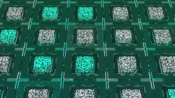 녹색 및 흰색 QR 코드가 녹색 배경에서 처리되는 애니메이션. 애니메이션. 글로벌 온라인 보안 과 데이터 기술 개념, 끊김 없는 루프. — 비디오