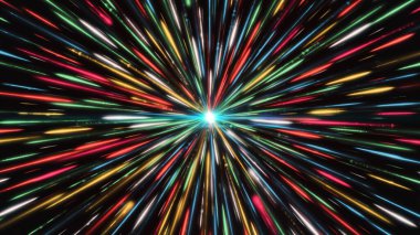 Parlak çizgi emisyonu. Animasyon. Merkezde parlayan nokta bir sürü renkli çizgi yayar. Çok renkli çizgilerin güzel radyasyonu siyah arkaplanda uzaya yayılıyor.