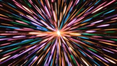 Parlak çizgi emisyonu. Animasyon. Merkezde parlayan nokta bir sürü renkli çizgi yayar. Çok renkli çizgilerin güzel radyasyonu siyah arkaplanda uzaya yayılıyor.