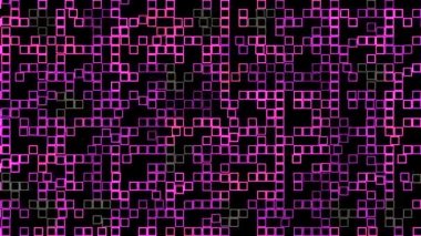 Tetris kareleri ve neon ışıkları. Animasyon. Güzel neon kareler seti siyah arka planda rastgele hareket ediyor. Tetris karelerinin arkaplanı