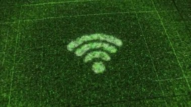 Uçan parçacıklar ve dürtüler ve karanlık bir arkaplanda kablosuz internet işareti veya internet sembolü. Animasyon. Bir devre kartının görselleştirilmesi.