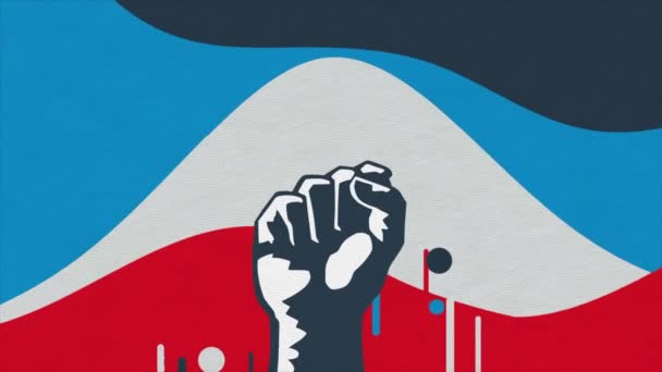 Tecknad design av en man stark knytnäve på en färgglad viftande enkel bakgrund. Animering. Begreppet styrka, protest och ilska. — Stockvideo