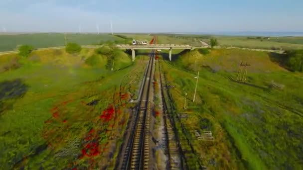 Latanie dronem koleją. Postrzelony. Najlepszy widok na szybką jazdę pociągiem. Piękny lot nad pustą koleją w polu z czerwonymi kwiatami — Wideo stockowe