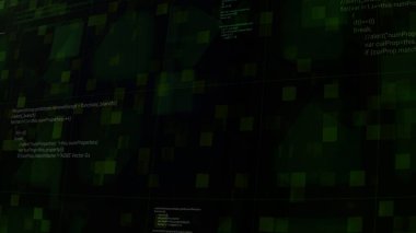 Koyu yeşil veri iletiminin 3 boyutlu görselleştirilmesi, sanal endüstri, kusursuz döngü. Hareket. Kişisel kodlu yüksek teknoloji geçmişi.