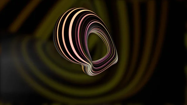 Círculo 3D rotativo no fundo de um corredor amarelo e preto listrado. Moção. Movendo forma irregular dinâmica curvilínea semelhante a uma letra o, loop sem costura. — Fotografia de Stock