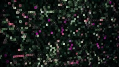 Sayılar ve harflerle rastgele hareket eden ve yanıp sönen soyut pikseller. Animasyon. Çevrimiçi bilgisayar mantık oyunu, kusursuz döngü.