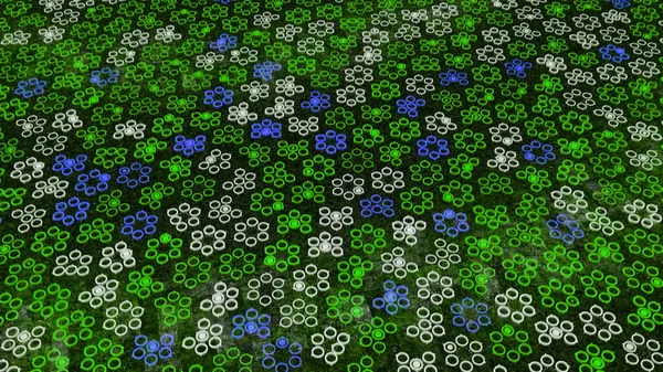 움직이는 작은 점들에 집중하기 위한 배경 말입니다. 애니메이션. 원초적 인 꽃 모양을 따라 움직이는 다양 한 색깔의 점들을 가진 전자 배경. 개는 원 과 함께 공통적 인 패턴을 형성 한다 — 스톡 사진