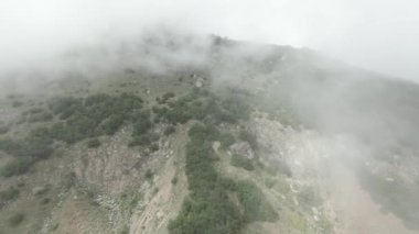 Sisli yamaçtaki dağın zirvesine güzel bir uçuş. Vuruldu. İnsansız hava aracı yoğun sis ile yeşil dağa çıktı. Sisli kefen içinde güzel dağ yamaçlarının manzarası.