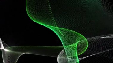 Soyut kıvrımlı dalgalar ve yavaşça hareket eden dar lifler, pürüzsüz döngü. Hareket. Siyah arkaplanda yeşil ve beyaz şeffaf doku.