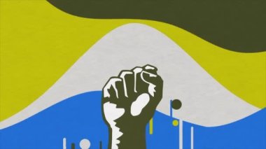 Renkli ve basit bir arka planda güçlü bir erkek yumruğunun çizgi film tasarımı. Animasyon. Güç, protesto ve öfke kavramı.