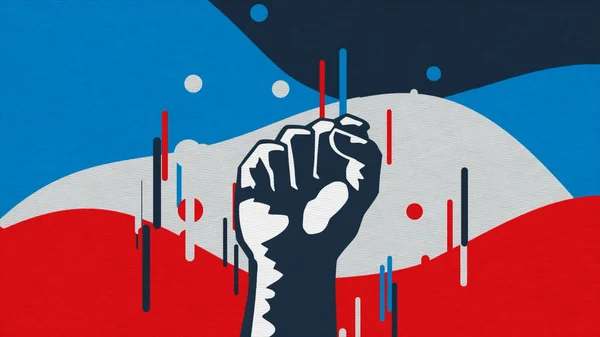 Cartoon ontwerp van een mannelijke sterke vuist op een kleurrijke zwaaien eenvoudige achtergrond. Animatie. Concept van kracht, protest en woede. — Stockfoto