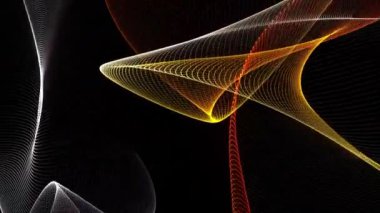 Parlak neon renkli soyut dalgalı arkaplan. Hareket. Bükülmüş tellerin kaotik uçuşları siyah arka plan üzerinde, pürüzsüz döngü.