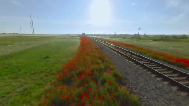 Hava aracı güneşli bir günde demiryolu üzerinde uçar. Vuruldu. Rayların üzerinde giden trenden görüş mesafesi. Güneşli bir günde ufukta demiryolu ve yeşil tarlaların olduğu güzel bir manzara. — Stok video