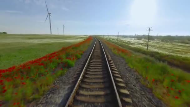 Vista dall'alto di bella ferrovia su sfondo di campo verde. Gli hanno sparato. Parco eolico vicino bella ferrovia in campo verde. Pittoresca ferrovia con fiori rossi in campo verde con mulini a vento — Video Stock