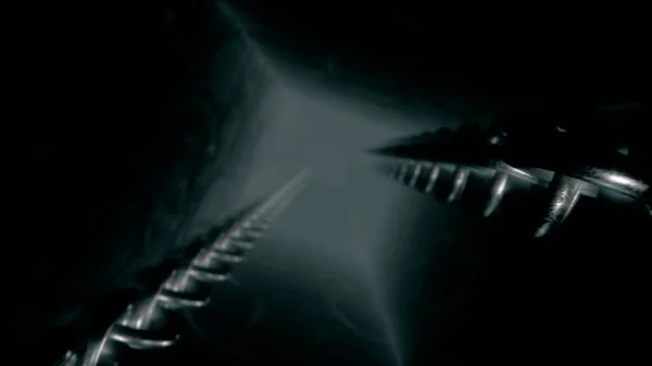 Вид всередину страшного абстрактного ліфта з рухомими товстими ланцюгами, безшовною петлею. Рух. Вид зверху на темний тунель підйомного валу . — стокове фото