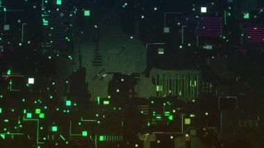 Birçok detay ve hareket eden elementi olan soyut siyah devre kartı, kusursuz döngü. Hareket. Teknolojik arka plan ve veri işlemenin görselleştirilmesi.