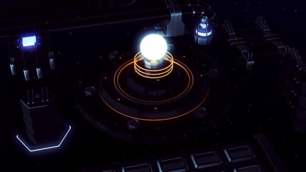 Interior details of an alien space ship with a glowing light bulb. Motion. Space aircraft dashboard with colorful buttons and indicators. — Stock Video