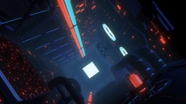 Wnętrze futurystycznego statku kosmicznego z błyszczącymi światłami, płynna pętla. - Wniosek. Ciemny korytarz Sci-Fi ze światłem na końcu tunelu. — Wideo stockowe